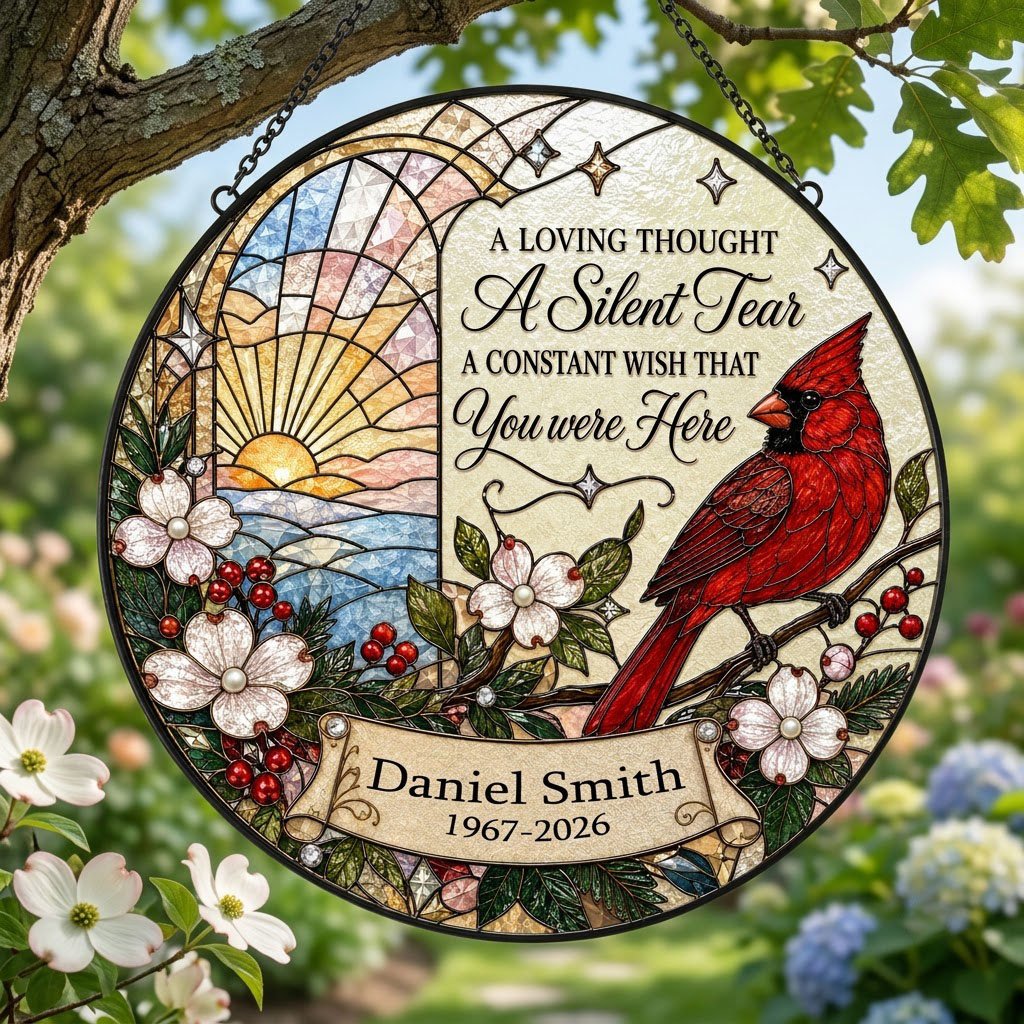 Personalized Red Cardinal Ocean Sunrise A Silent Tear Memorial Stained Glass Round Suncatcher