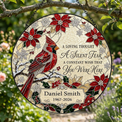 Personalized Red Cardinal Poinsettia A Silent Tear Memorial Stained Glass Round Suncatcher