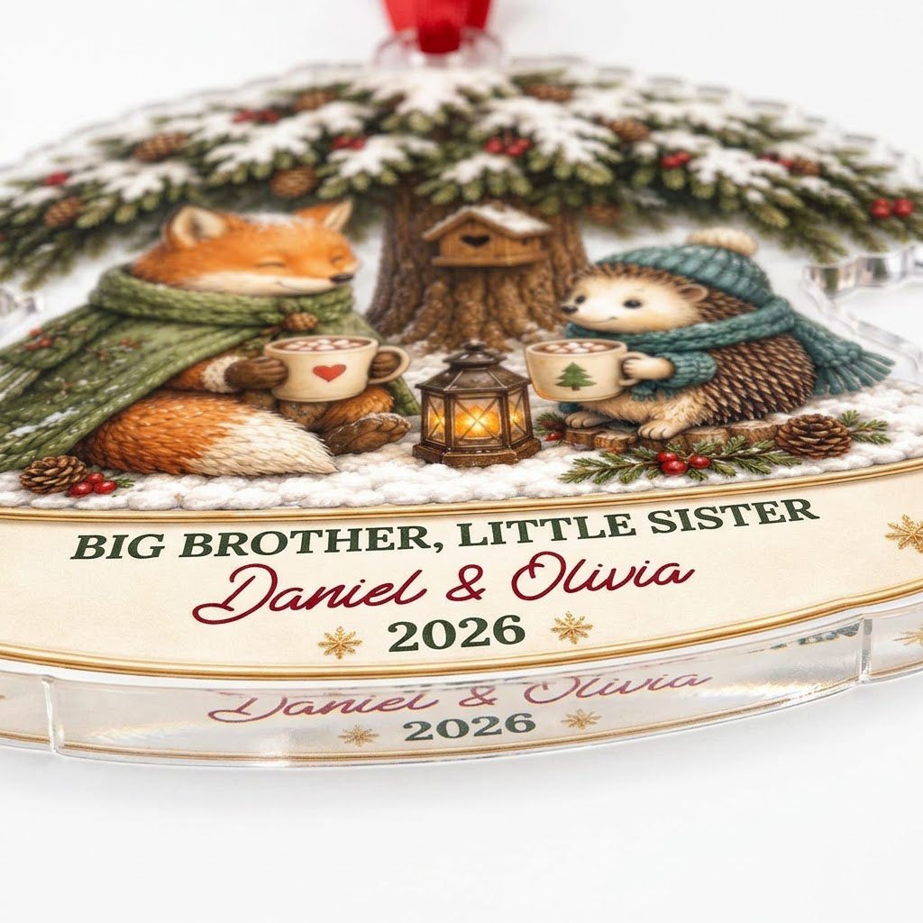 Acrylic ornament with snowy tree, fox and hedgehog holding mugs, banner says BIG BROTHER, LITTLE SISTER.