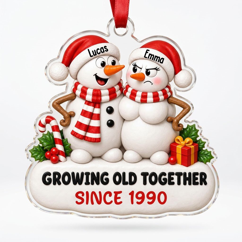 Custom-cut acrylic ornament of a snowman couple with candy cane, gift box, and Growing Old Together text on a snowy base