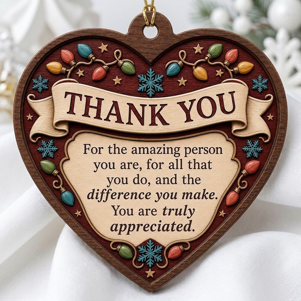 Heart-shaped wood ornament with THANK YOU message, string lights, snowflakes and stars on a burgundy background.