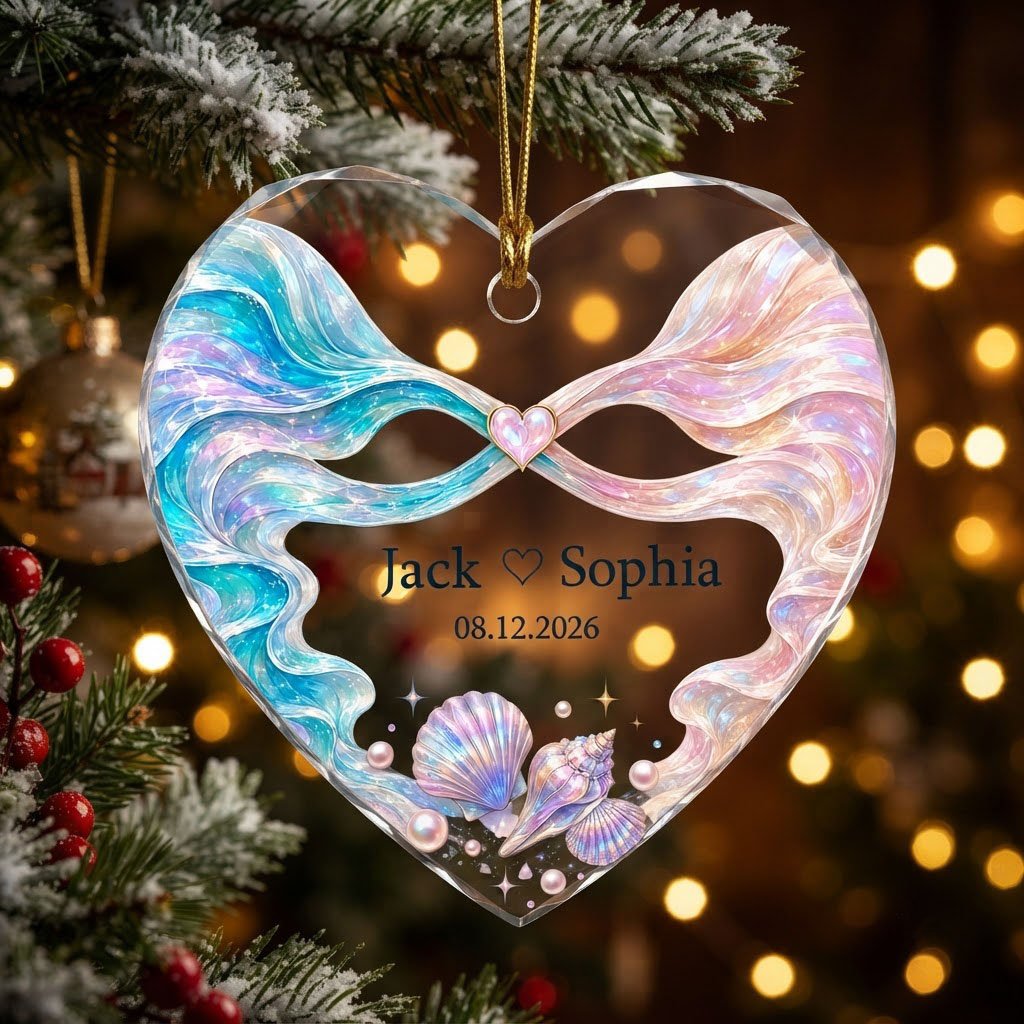 Personalized Iridescent Ribbon Seashell Heart Glass Ornament