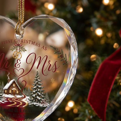 Personalized Our First Christmas as Mr & Mrs Winter Cabin Ribbon Heart Glass Ornament