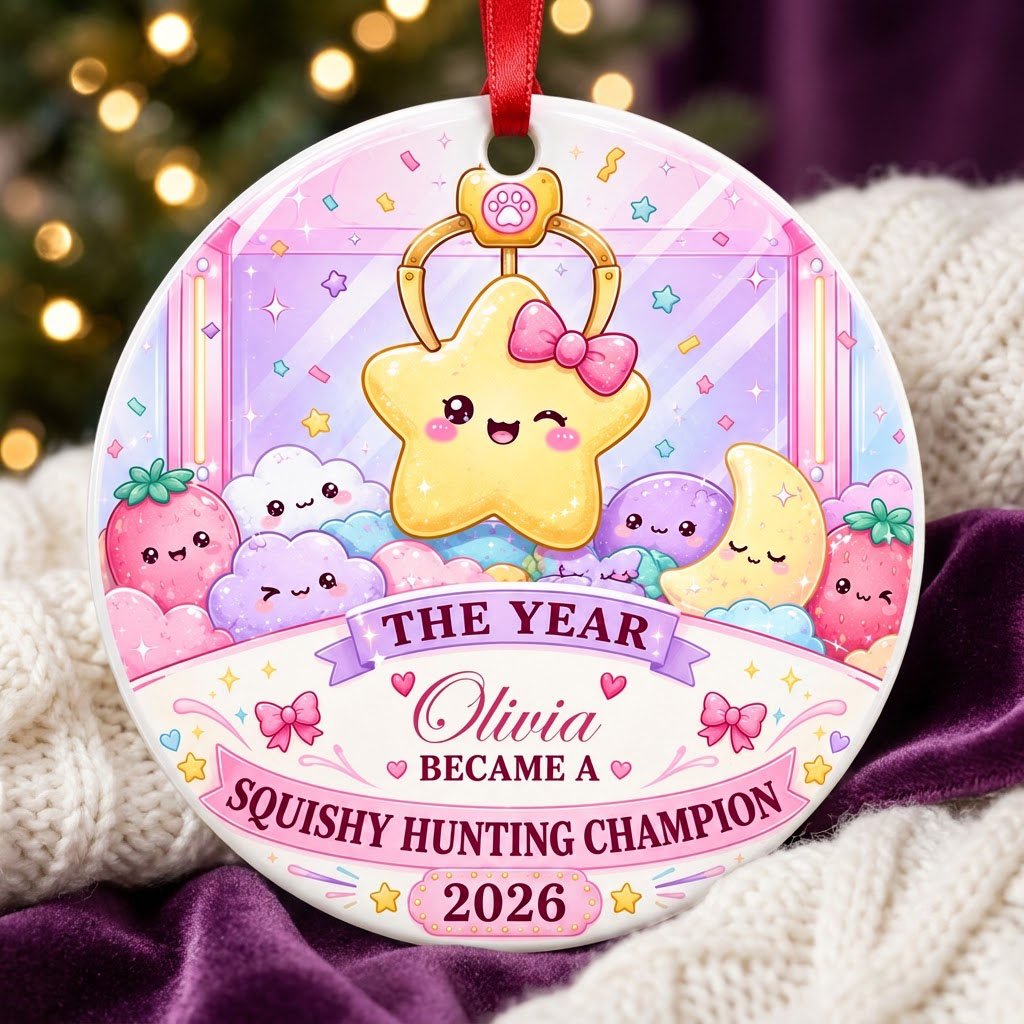 Round ceramic ornament with a claw machine and winking star, personalized with a name and year in pastel colors.