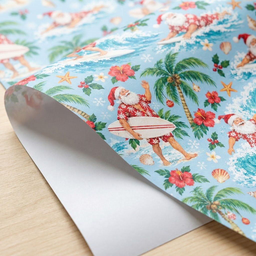 Surfing Santa with palm trees, hibiscus, starfish and seashells on light blue tropical wrapping paper.