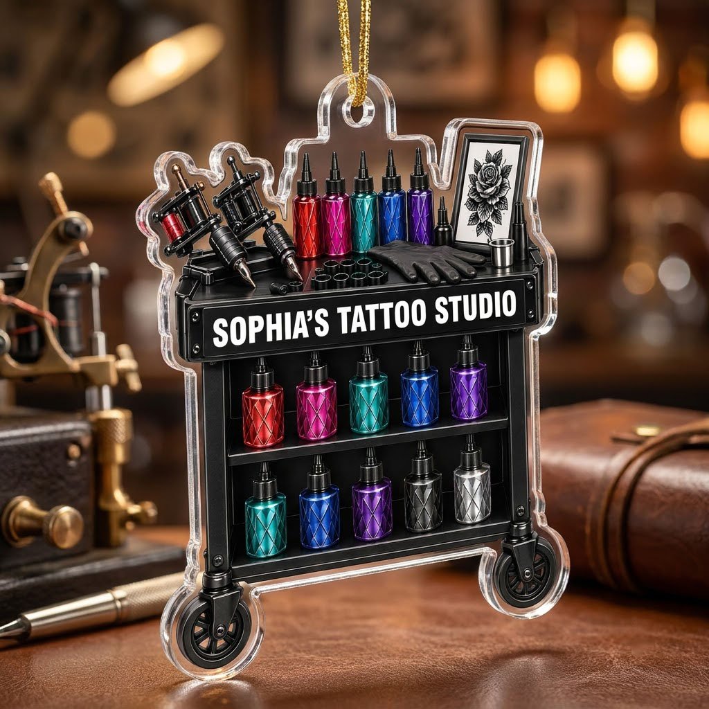 Acrylic ornament shaped like a tattoo cart with machines, colorful inks, and 'SOPHIA'S TATTOO STUDIO' text.