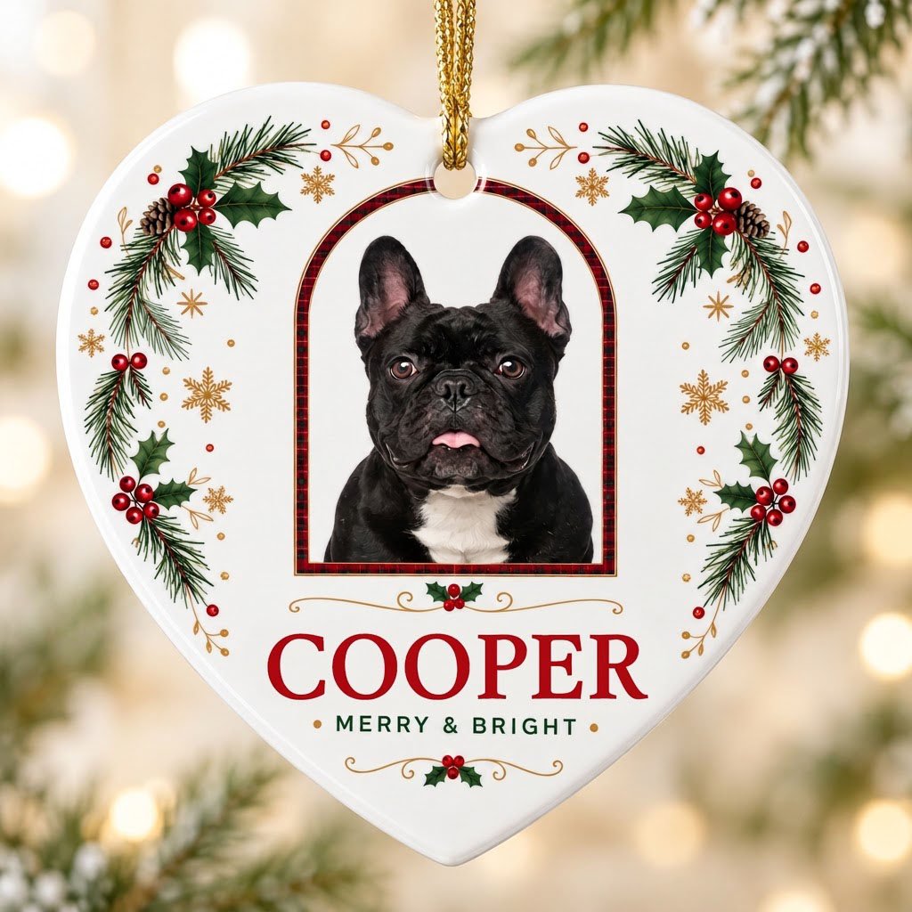 Heart ceramic ornament with dog photo in red-green plaid arch, holly, pine, gold snowflakes, and MERRY & BRIGHT text.
