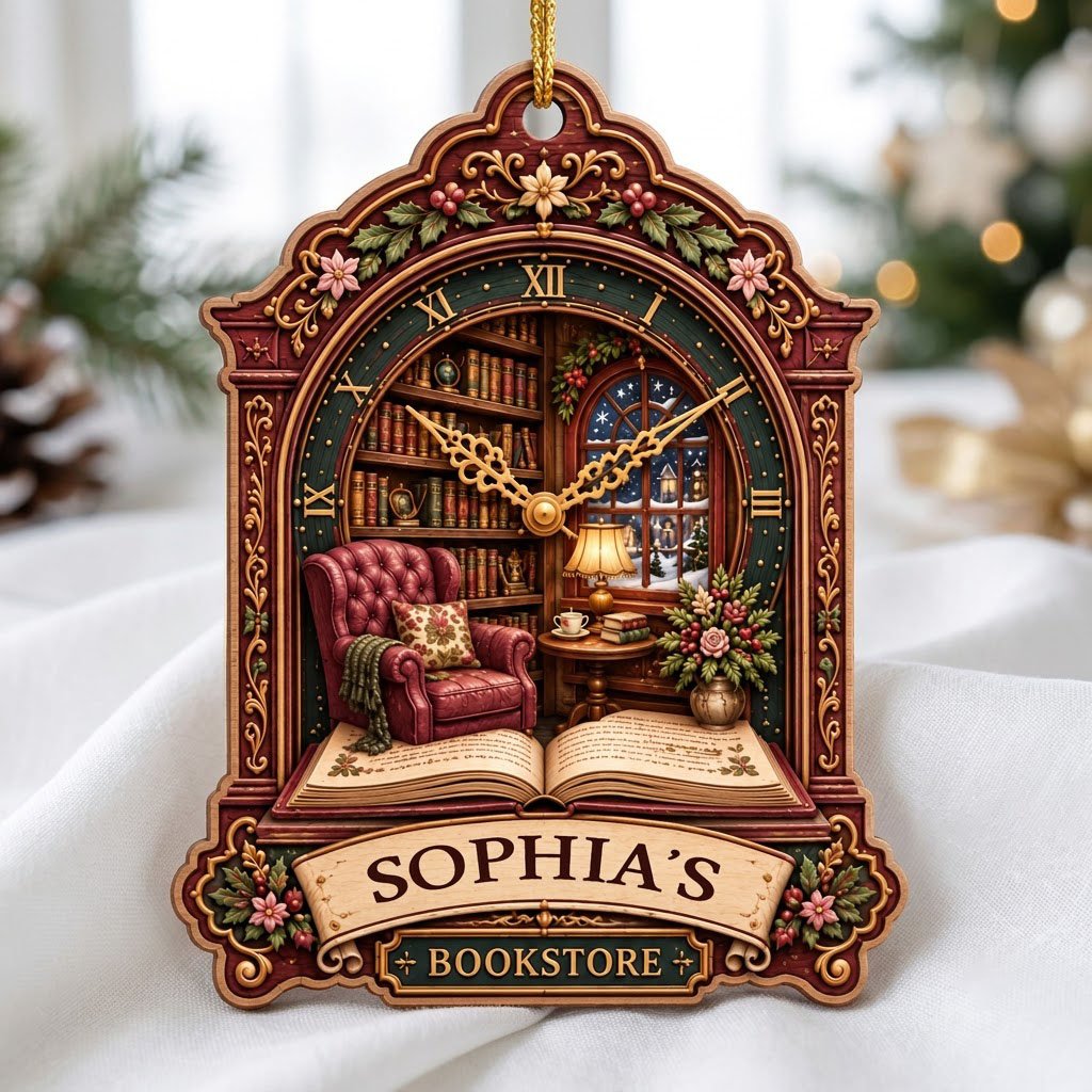 Ornate clock-shaped wood ornament with cozy bookstore scene, red armchair, bookshelves, arched window, and “BOOKSTORE” s