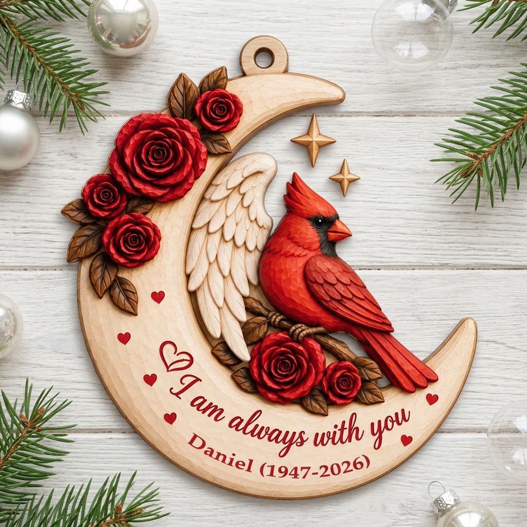 Crescent moon wood ornament with red cardinal, angel wing, red roses, stars, hearts, and custom name and years.
