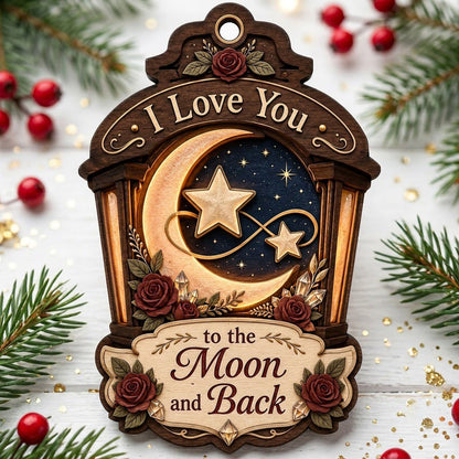 Wood ornament with red roses, crescent moon and stars on a night sky, and the phrase I Love You to the Moon and Back.