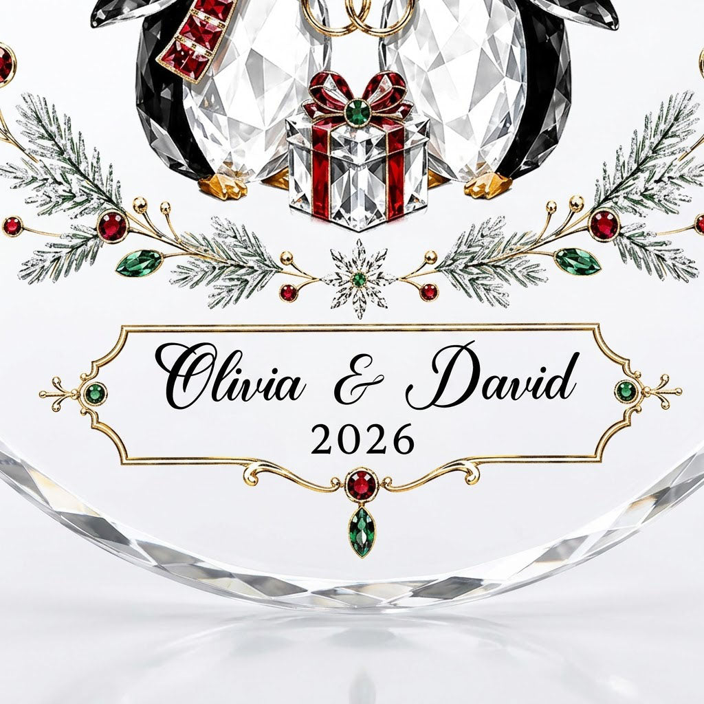 Penguin couple in Santa hats hold gold rings beneath a heart, framed by a pine and gem wreath with a gift box.