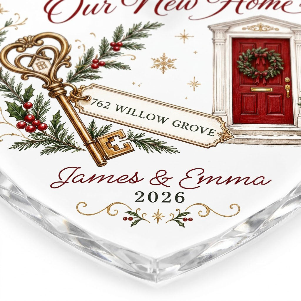 Personalized First Christmas in Our New Home Key Front Door Heart Glass Ornament