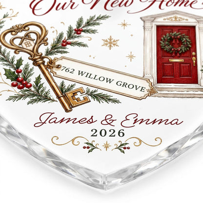 Personalized First Christmas in Our New Home Key Front Door Heart Glass Ornament