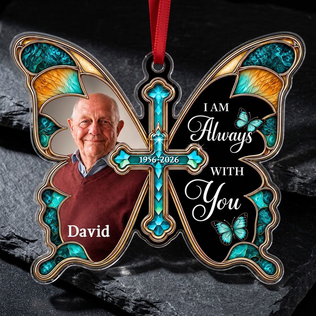 Butterfly acrylic ornament with stained glass wings, gold cross, photo panel, and the text I AM Always WITH You.