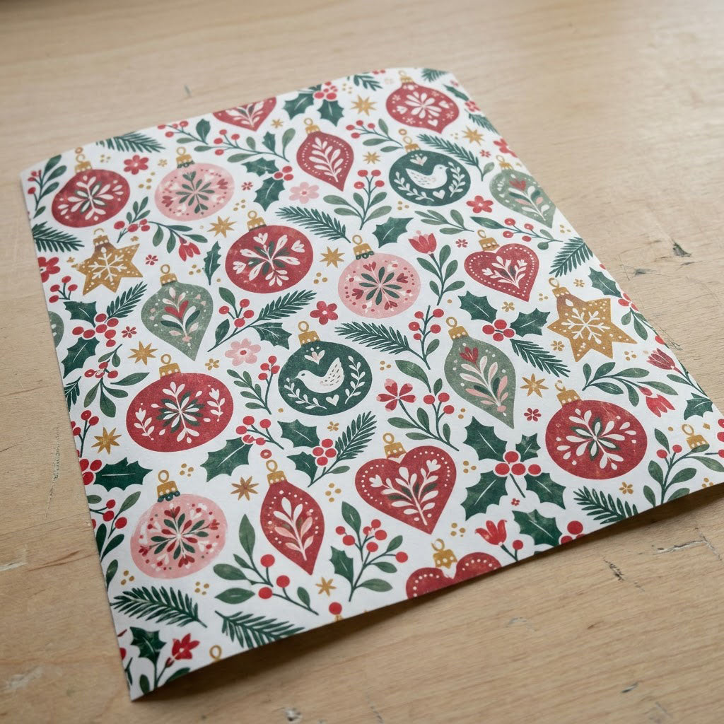 Matte wrapping paper with folk-style red, pink and green ornaments, pine branches, holly and starbursts on cream.
