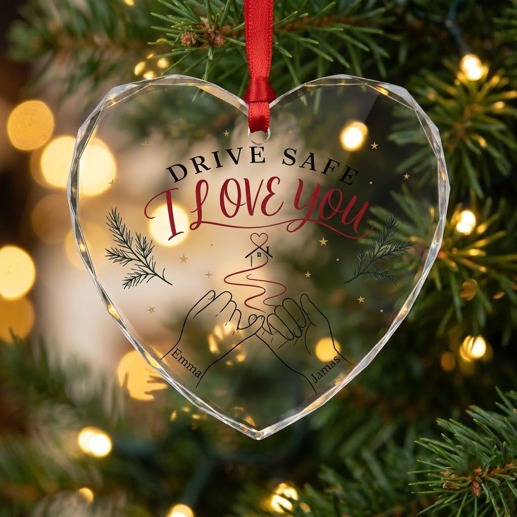 Heart glass ornament with pinky promise hands, red thread to a small house with heart, pine sprigs and gold stars.