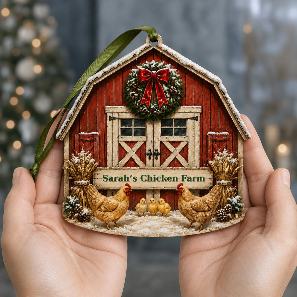 Personalized Red Barn Chicken Coop Wood Ornament, Custom Farmhouse Keepsake