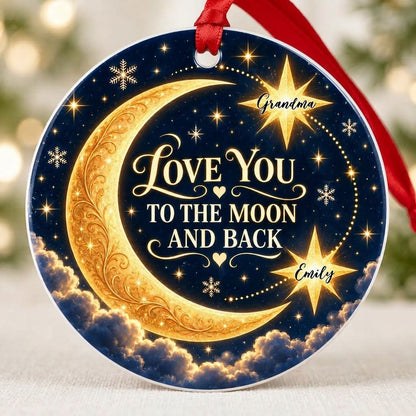 Round ceramic ornament with golden crescent moon, navy sky, stars, and 'LOVE YOU TO THE MOON AND BACK'.