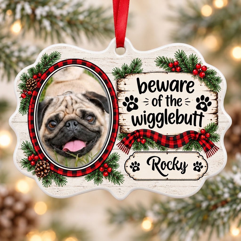 Medallion ornament with buffalo plaid dog photo frame, evergreens, and 'beware of the wigglebutt' text