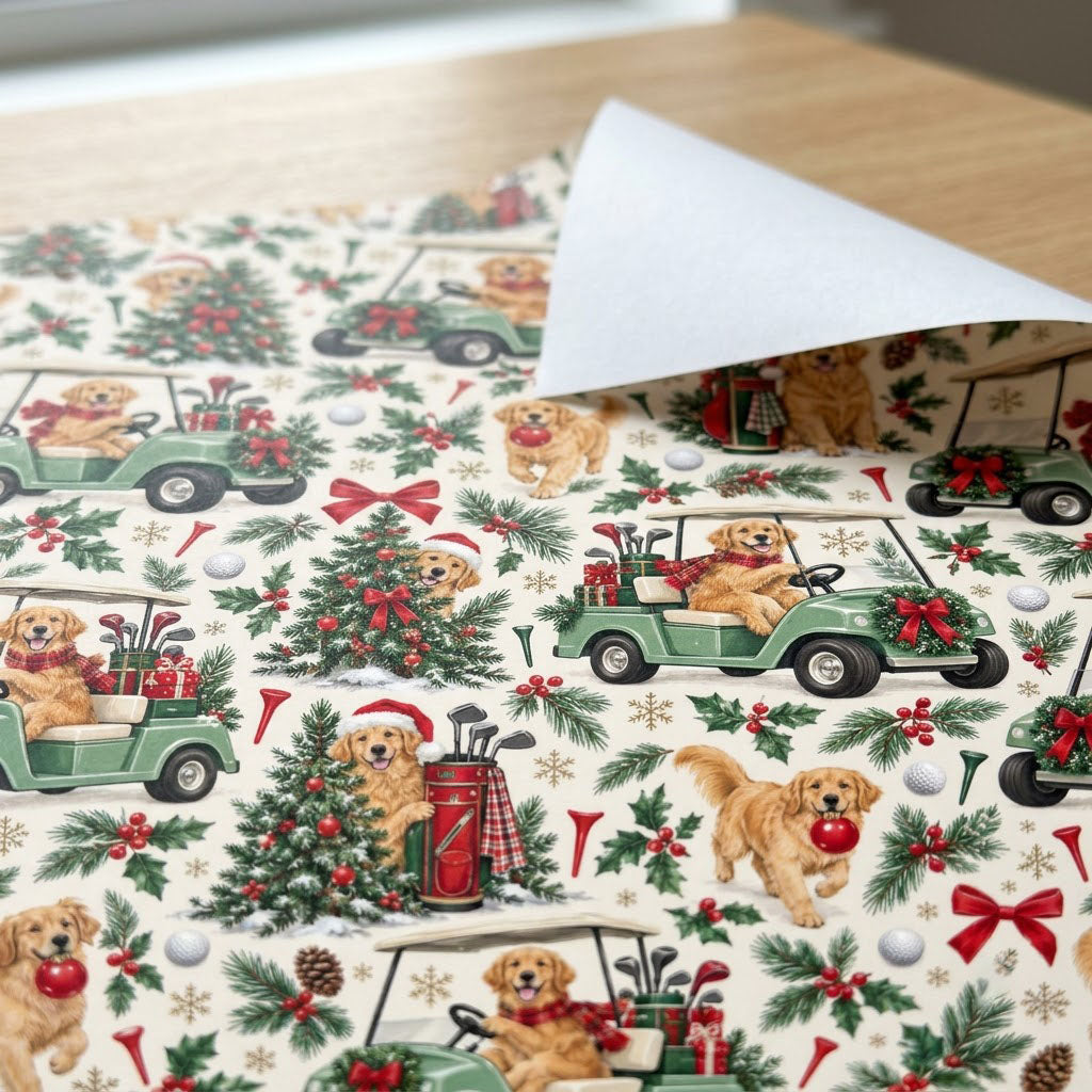 Golden Retrievers in green golf carts, Santa hats, ornaments, golf gear and holly on cream matte wrapping paper.