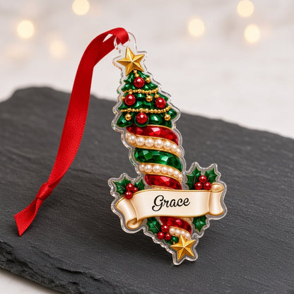 Custom-cut clear acrylic ornaments: a Christmas tree finial and a Mrs. Claus finial with cream name banners.