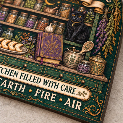 Arch wooden sign with black cat, apothecary jars, lavender, crescent moon and stars, and the text WITCH'S KITCHEN.