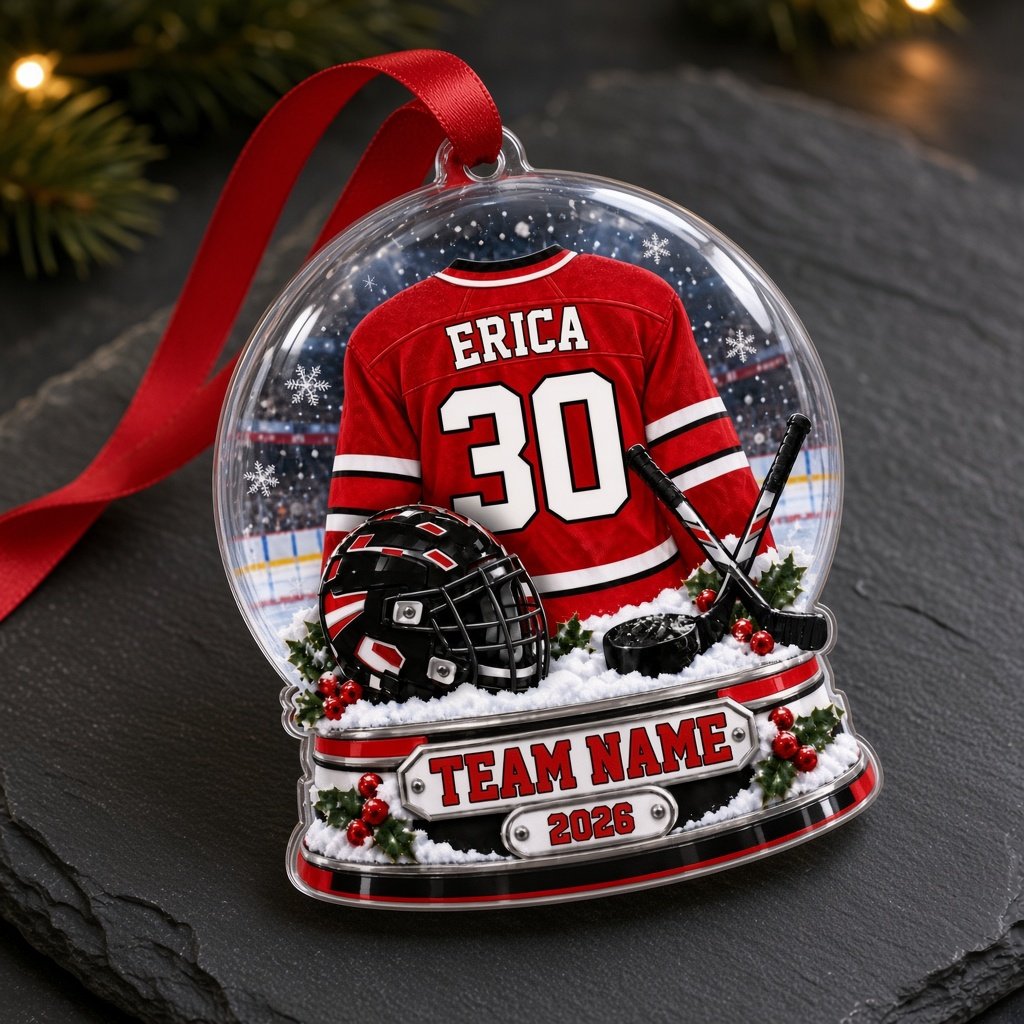Snow globe acrylic ornament with red and white hockey jersey, black helmet and puck, and a snowy rink backdrop.