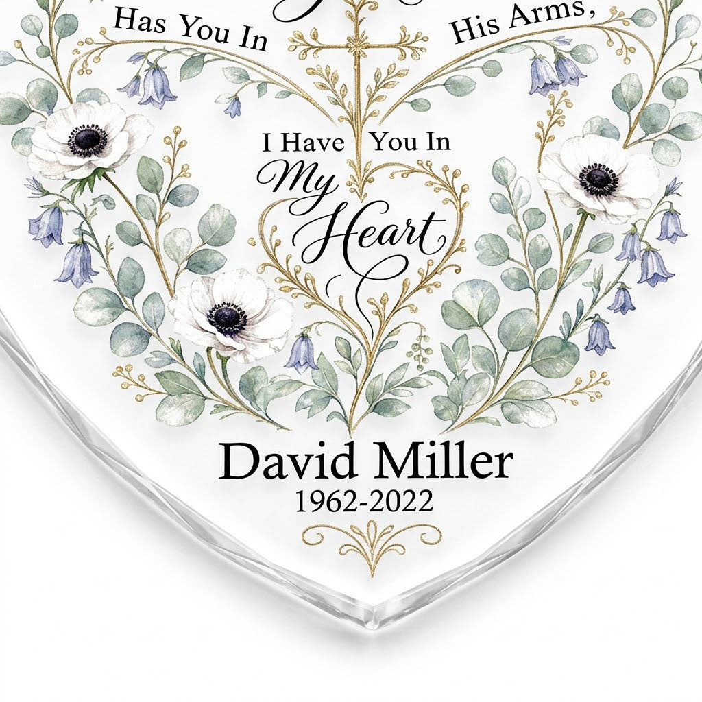 Personalized Botanical Cross Memorial God Has You In His Arms Heart Glass Ornament