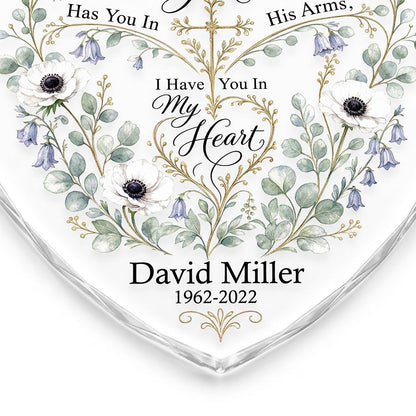 Personalized Botanical Cross Memorial God Has You In His Arms Heart Glass Ornament