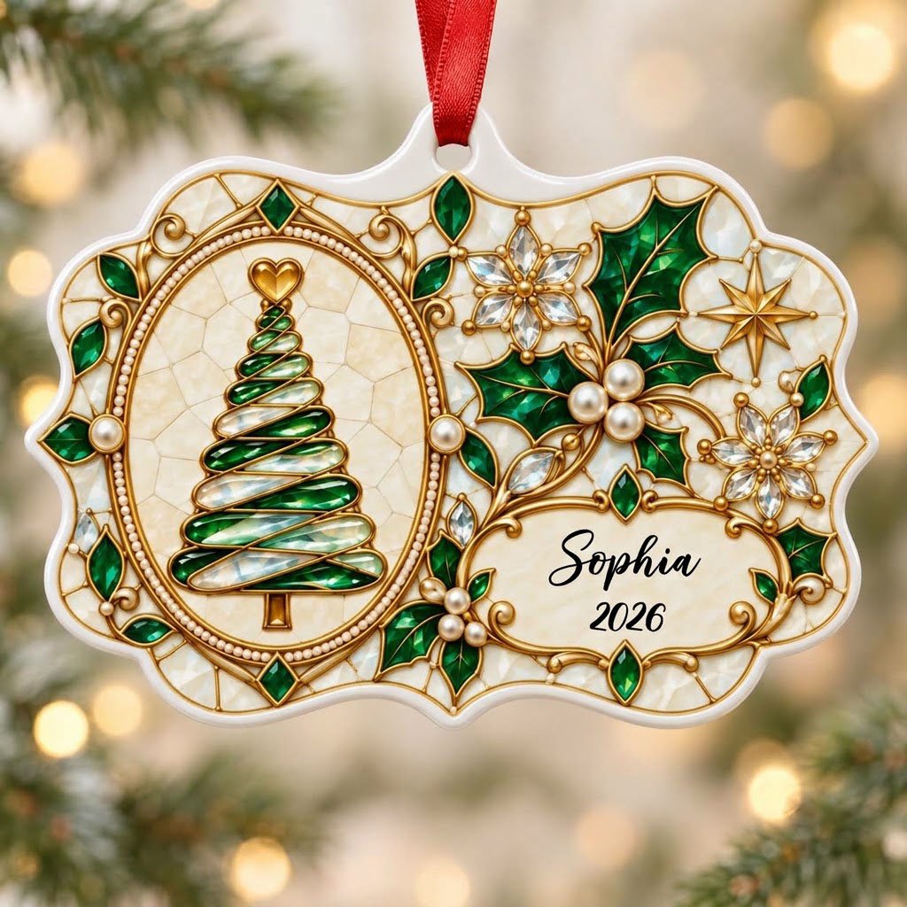 Scalloped ceramic ornament with emerald swirl tree, gold filigree, pearl accents, and a name-and-year cartouche.