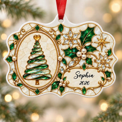 Scalloped ceramic ornament with emerald swirl tree, gold filigree, pearl accents, and a name-and-year cartouche.