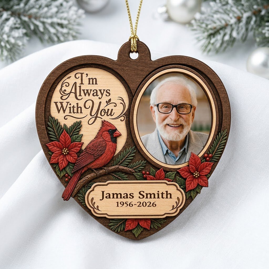 Heart-shaped wood ornament with red cardinal, poinsettias, a right-side photo frame, and 'I'm Always With You' text.