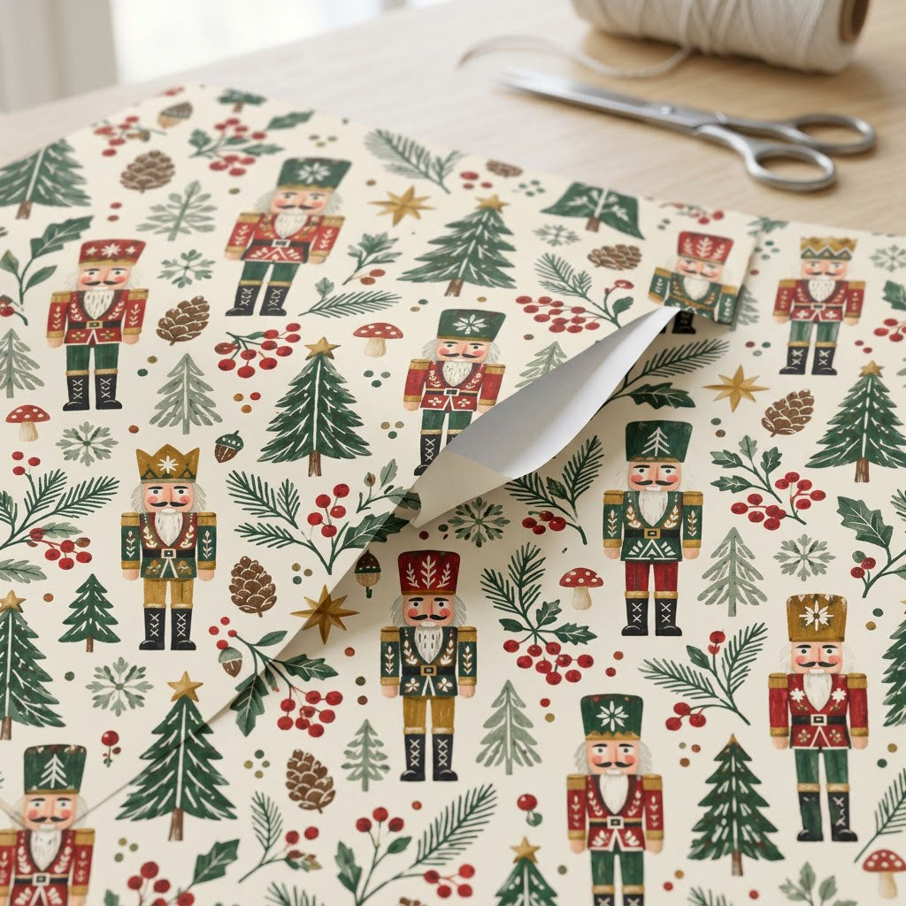 Vintage nutcracker wrapping paper with pine trees, pinecones, berries, gold stars and mushrooms on cream.
