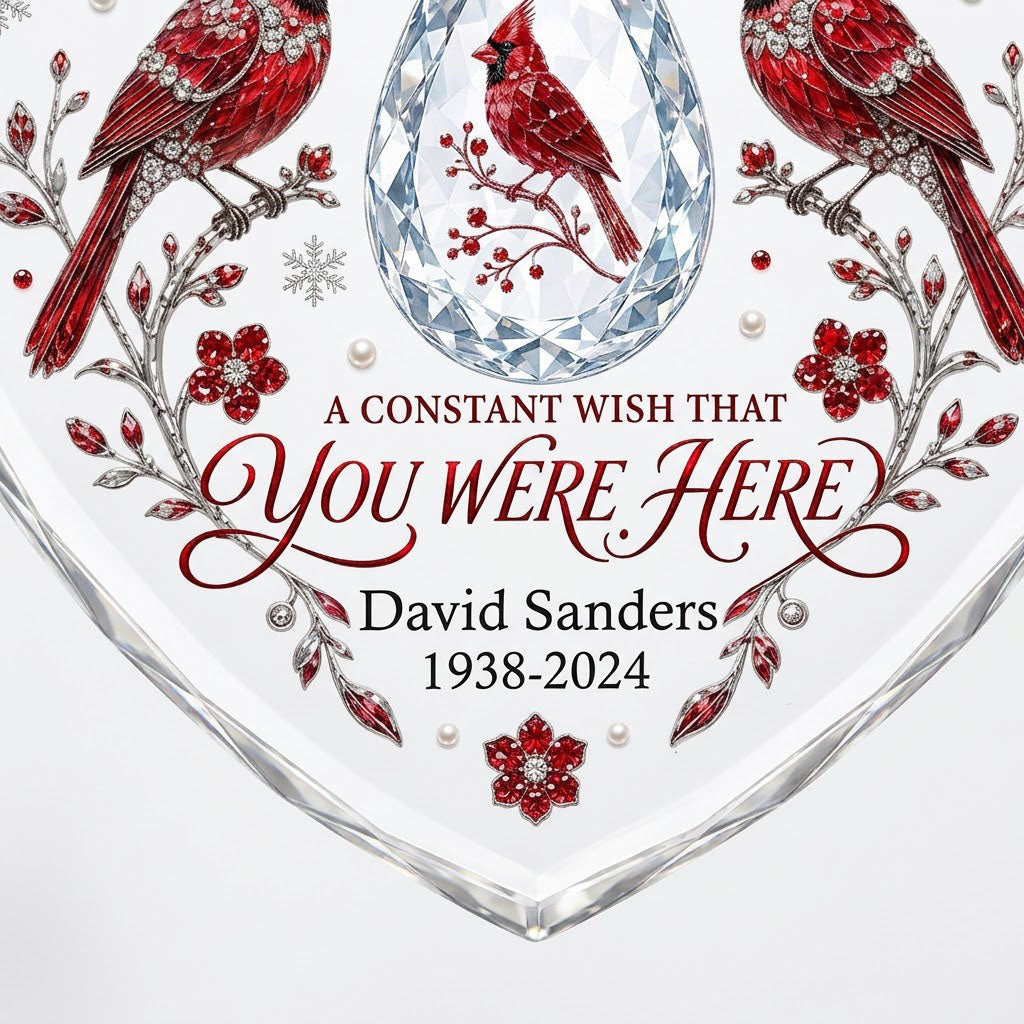 Personalized Red Cardinals Crystal Teardrop Memorial Heart Glass Ornament