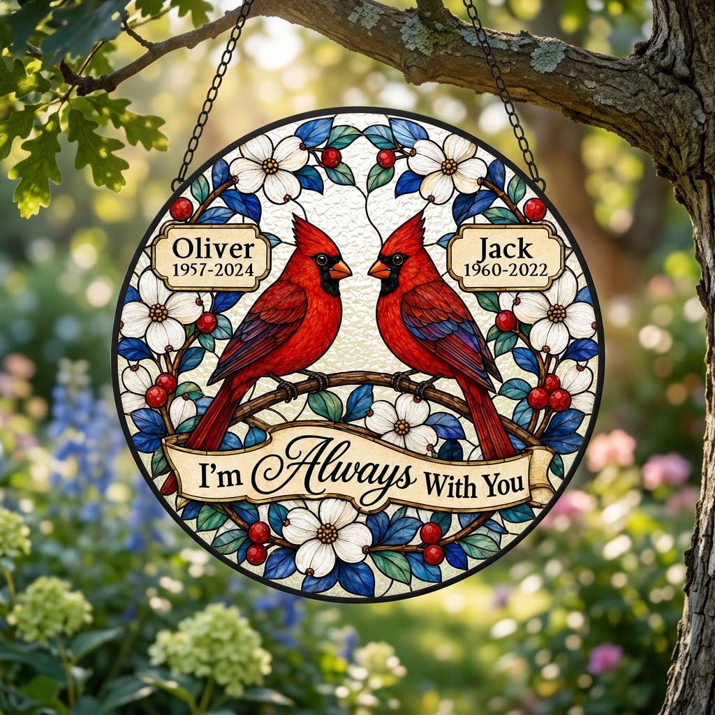 Round suncatcher with two red cardinals on a branch, dogwood flowers, a scroll banner and two name plaques.