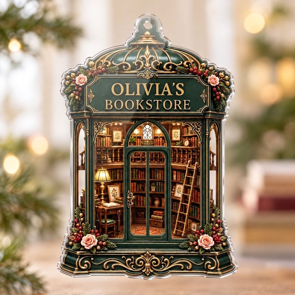Green and gold ornate acrylic ornament with roses and a cozy bookstore interior reading OLIVIA'S BOOKSTORE.