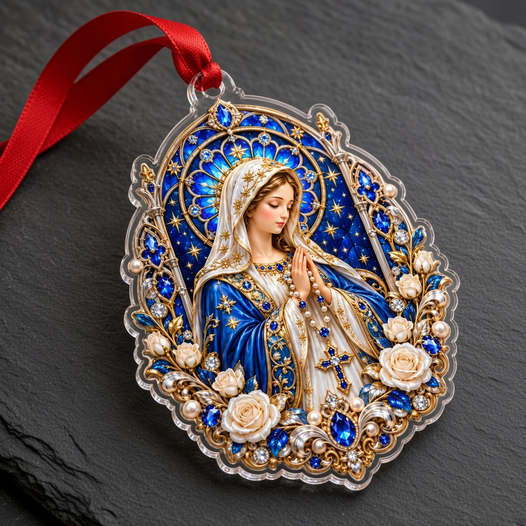 A custom-cut acrylic ornament of the Virgin Mary praying with a rosary, blue mantle, and ornate gold frame.