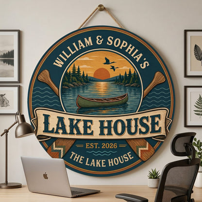 Personalized Lake House Canoe Sunset Round Wooden Hanging Sign