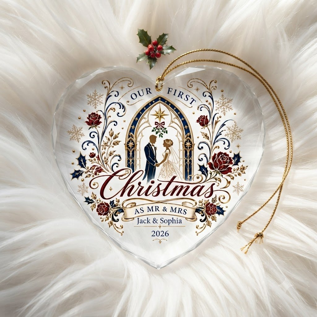 Personalized Our First Christmas as Mr & Mrs Wedding Heart Glass Ornament