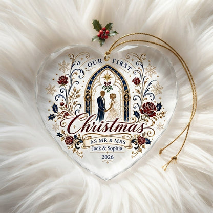 Personalized Our First Christmas as Mr & Mrs Wedding Heart Glass Ornament