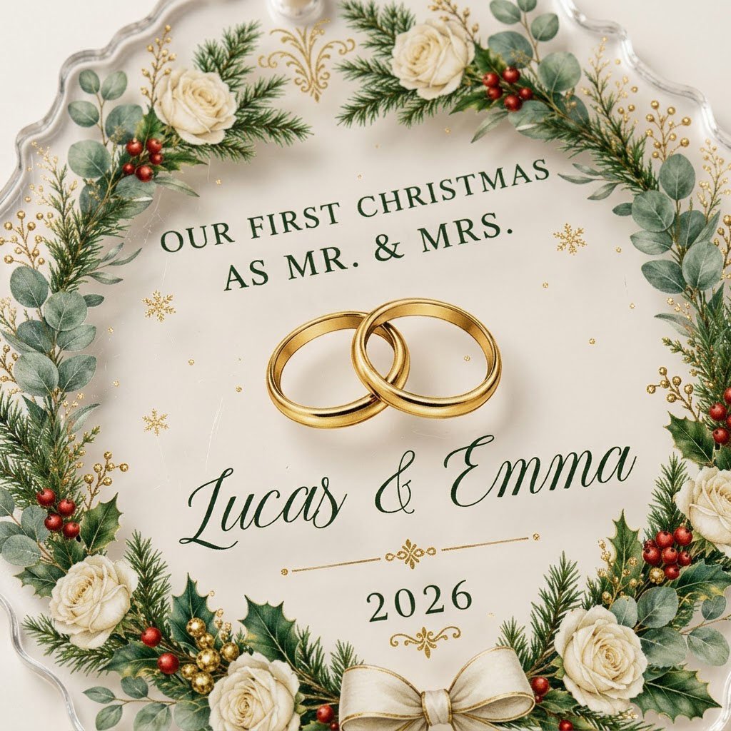 Personalized Our First Christmas as Mr & Mrs Acrylic Ornament, Custom Wedding Rings Floral Wreath Keepsake