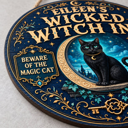 Personalized Wicked Witch Inn Wood Sign, Custom Name Halloween Black Cat Crescent Moon Wall Hanging Decor