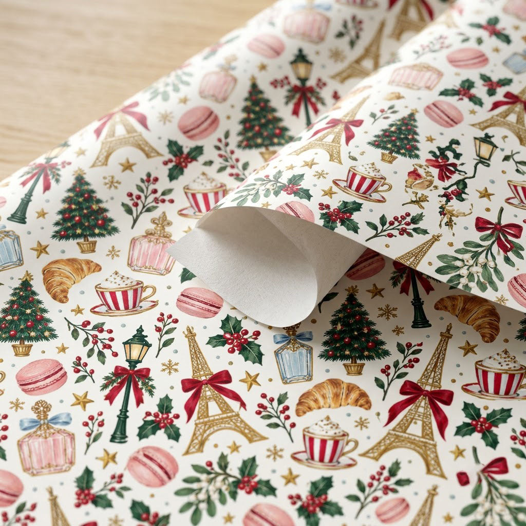 Cream paper with gold Eiffel Towers, Christmas trees, street lamps, macarons, croissants, holly and stars pattern.