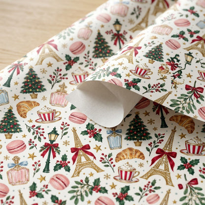 Cream paper with gold Eiffel Towers, Christmas trees, street lamps, macarons, croissants, holly and stars pattern.