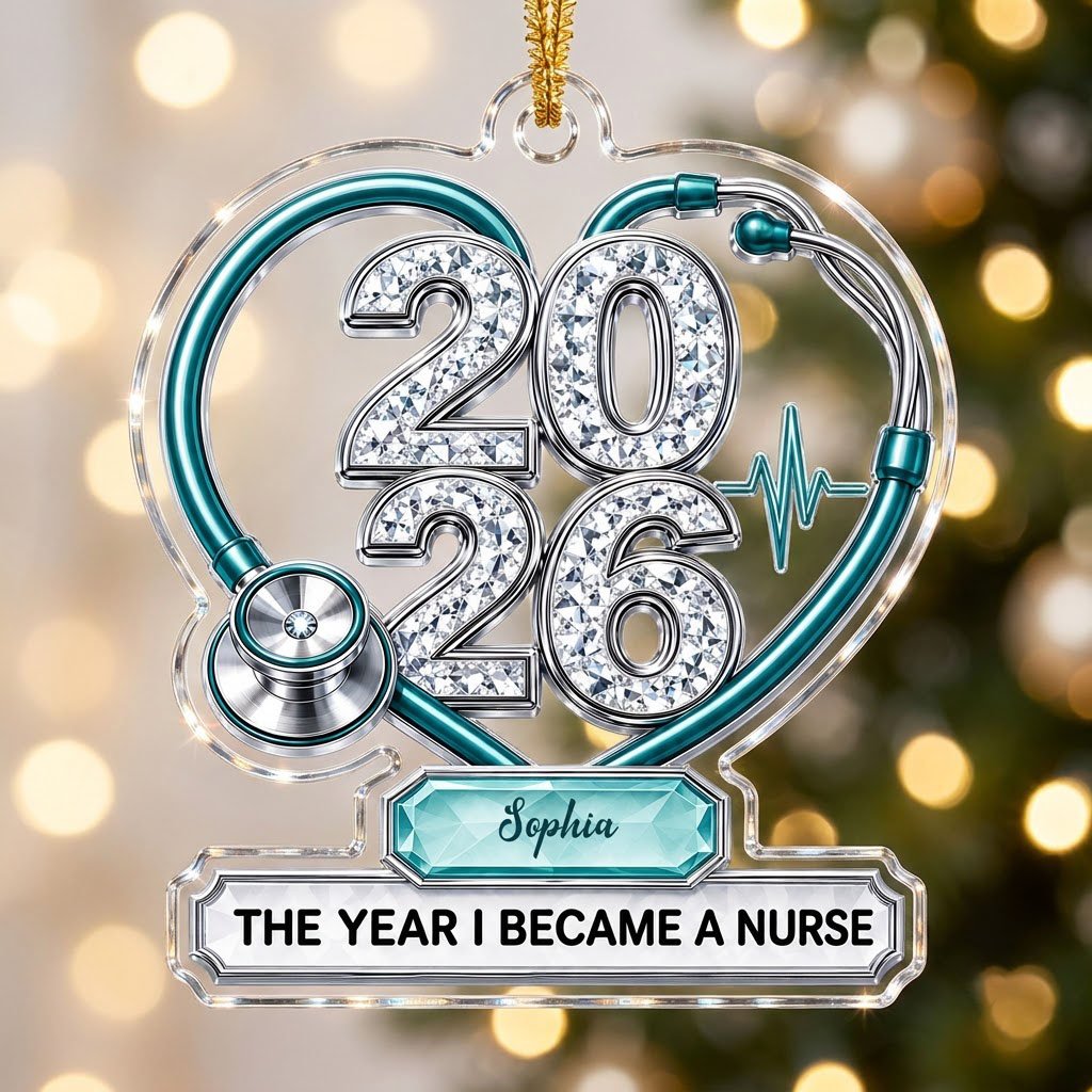 Clear acrylic ornament with a teal stethoscope heart, diamond 2026 numerals, teal ECG wave, and a personalized name bann