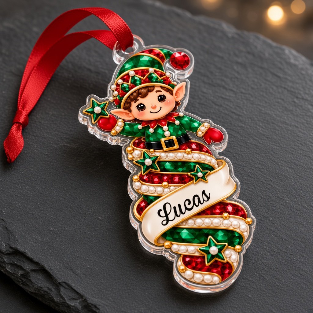 Custom acrylic ornament with a cute elf and smiling snowman on jeweled swirl banners with personalized names
