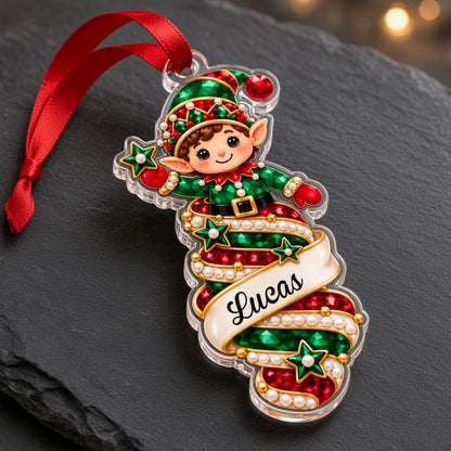 Custom acrylic ornament with a cute elf and smiling snowman on jeweled swirl banners with personalized names