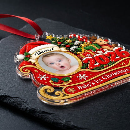 Custom-cut acrylic ornament shaped like a sleigh, reindeer and tree with a photo frame and Baby's 1st Christma text.