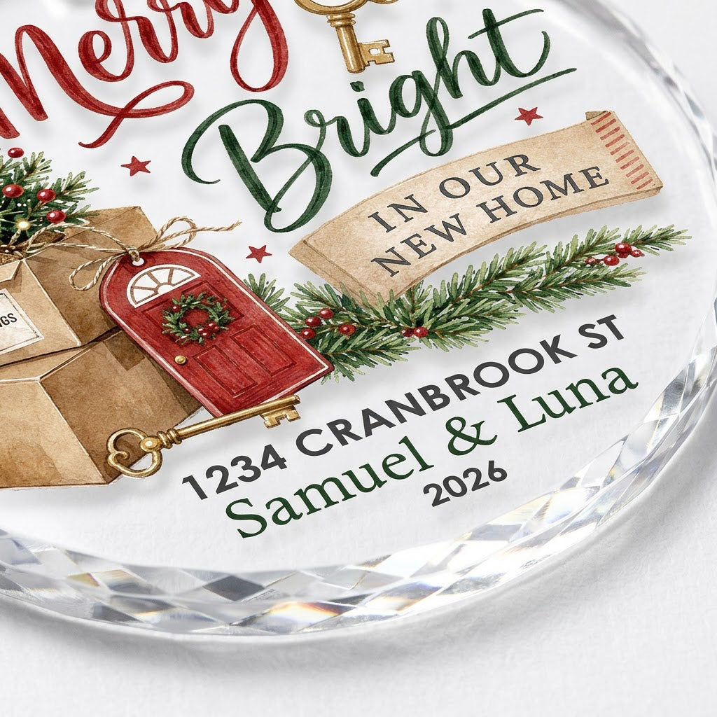 Personalized Merry & Bright In Our New Home Moving Boxes Round Glass Ornament
