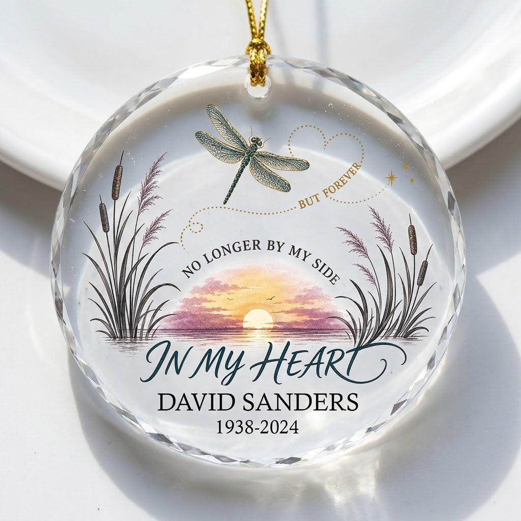 Personalized Dragonfly Memorial Sunset No Longer By My Side Round Glass Ornament